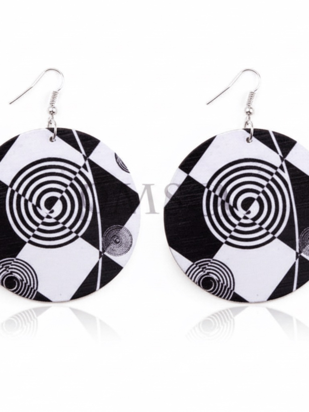 Womens Black‎ White Round Wood Earrings